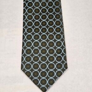 BCBG Attitude Mens Silk Necktie Brown Blue Geometric Circle Pattern Hand Sewn